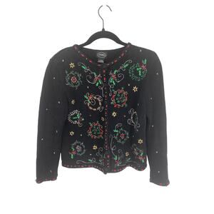 VTG Designer studio original women P/S black ugly christmas sweater cardigan